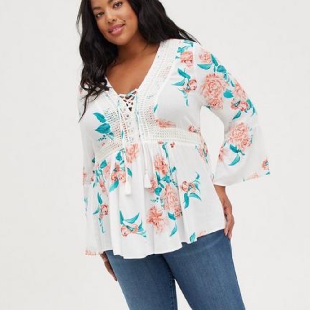 Torrid Babydoll Gauze Crochet Trim Lace-Up Top